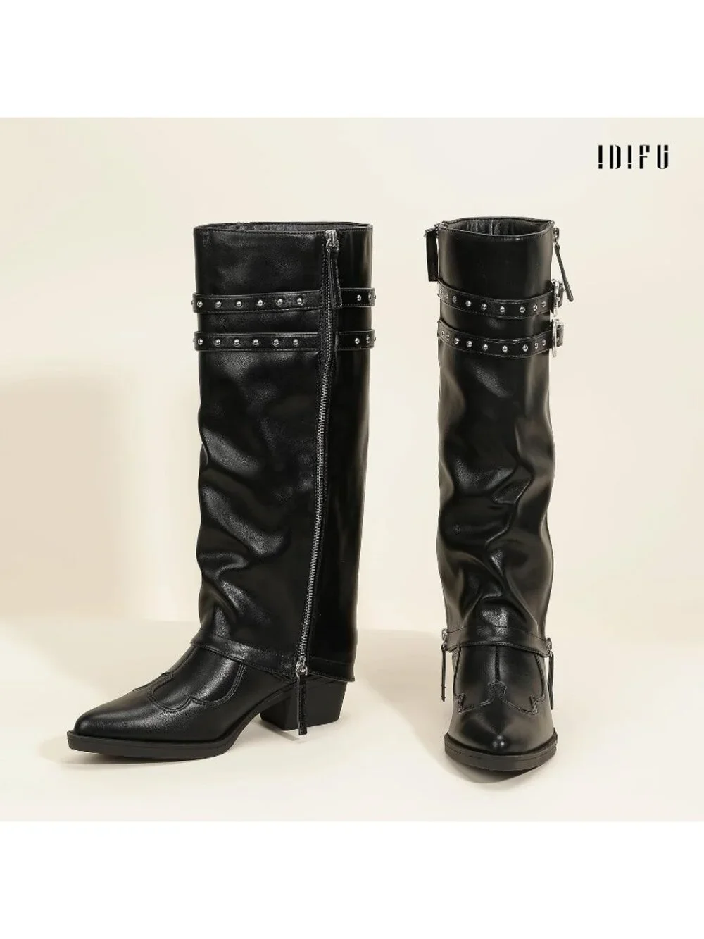 Women's Black pu Manmade Knee High Fold Over Studded Chunky Heel Shark Boots